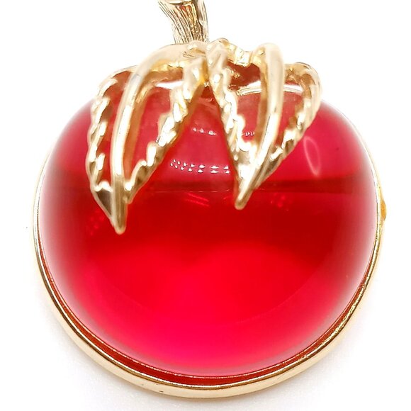 Vintage Sarah Coventry Brooch Gold-tone Cabochon Lucite Leaf Red Apple Design - Picture 3 of 10